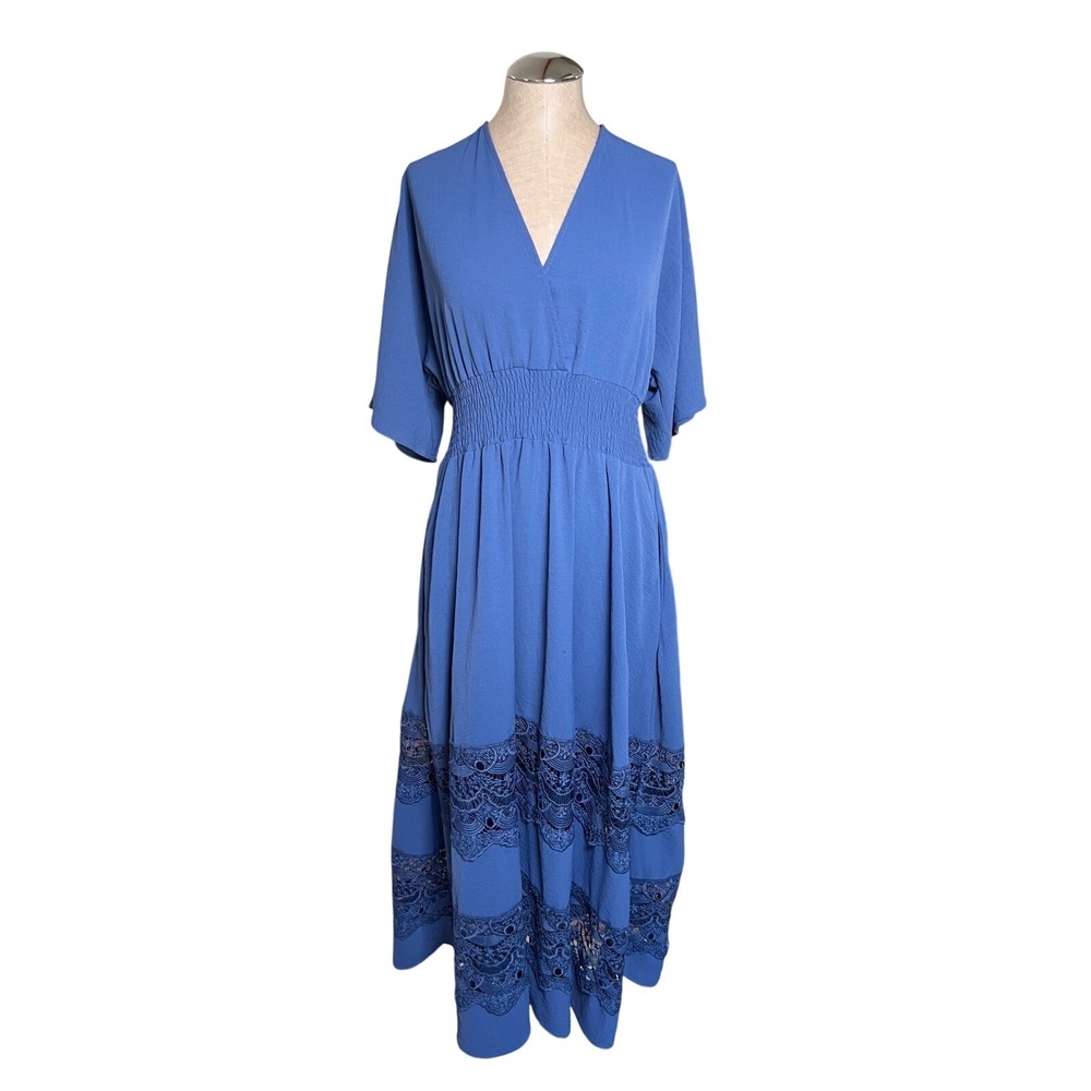 OLAESA Blue Crochet Lace Tiered Midi Dress V-Neck Smocked Waist Pockets Large